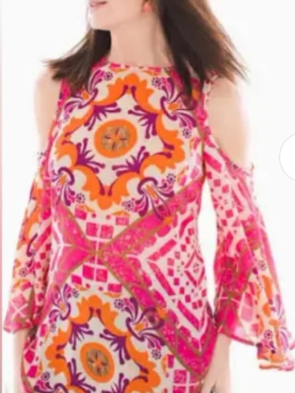 Chico Pink & Orange Chiffon Geometric Patterned Cold-Shoulder Bell Sleeve Top